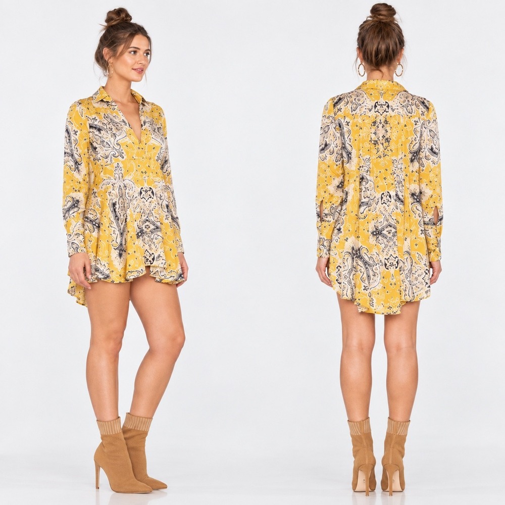 Free People Field of Butterflies Paisley Tunic Top Mini Dress in Mustard | Med